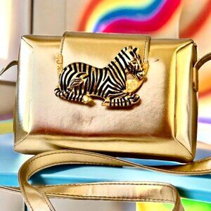 Vintage Crossbody Handbag Gold Faux Leather + Zebra Hard Framed Bag